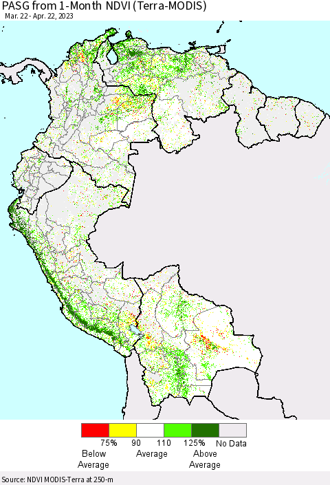 Northern South America PASG from 1-Month NDVI (Terra-MODIS) Thematic Map For 4/15/2023 - 4/22/2023