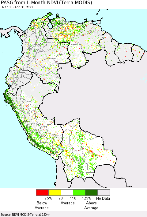 Northern South America PASG from 1-Month NDVI (Terra-MODIS) Thematic Map For 4/23/2023 - 4/30/2023