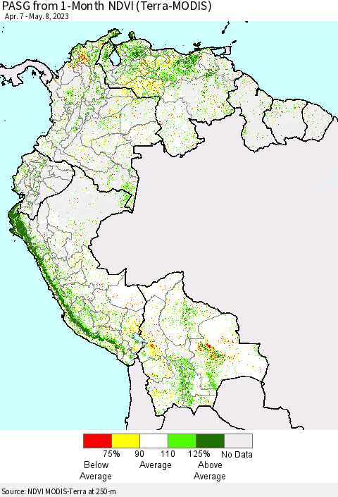 Northern South America PASG from 1-Month NDVI (Terra-MODIS) Thematic Map For 5/1/2023 - 5/8/2023