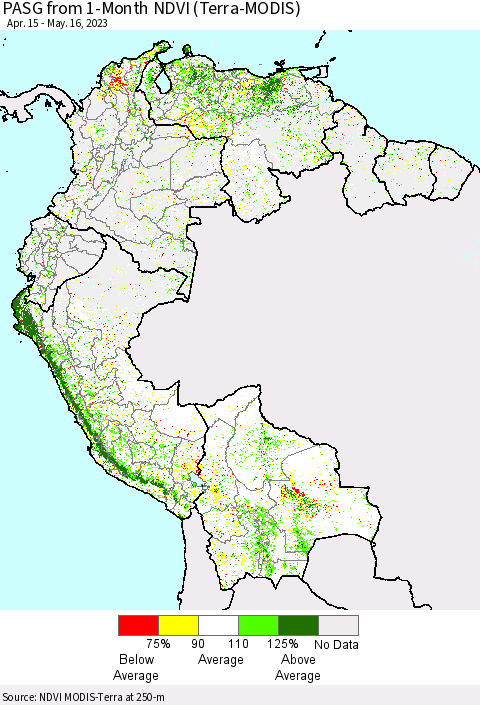 Northern South America PASG from 1-Month NDVI (Terra-MODIS) Thematic Map For 5/9/2023 - 5/16/2023