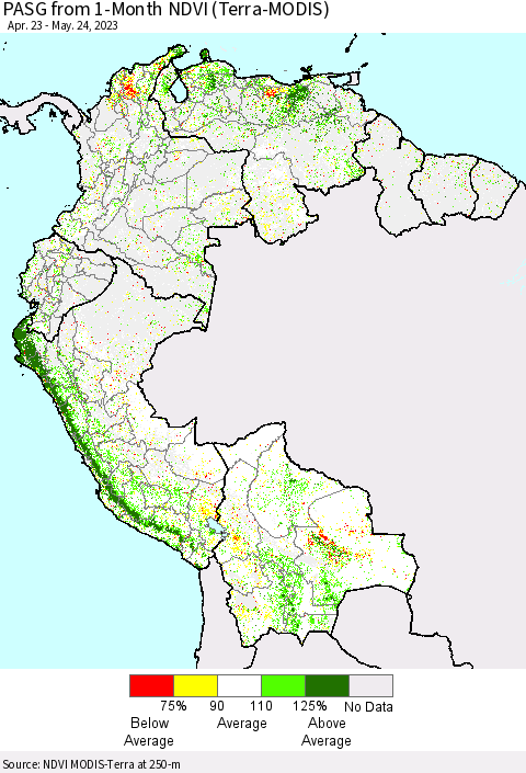 Northern South America PASG from 1-Month NDVI (Terra-MODIS) Thematic Map For 5/17/2023 - 5/24/2023