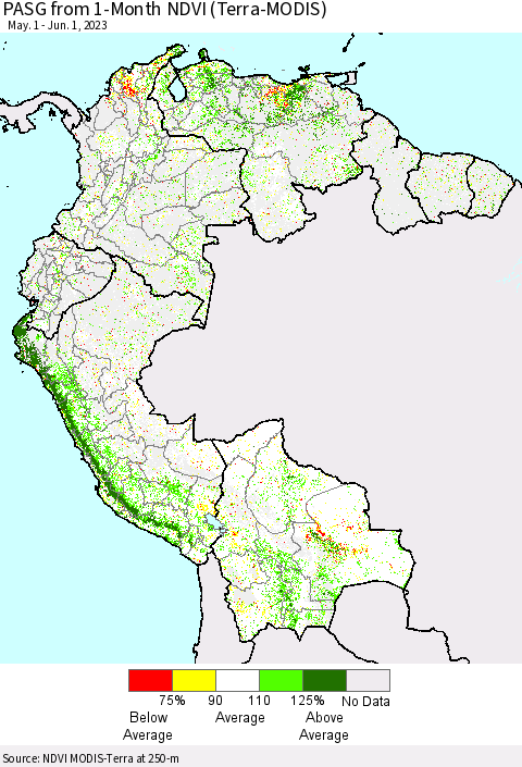 Northern South America PASG from 1-Month NDVI (Terra-MODIS) Thematic Map For 5/25/2023 - 6/1/2023