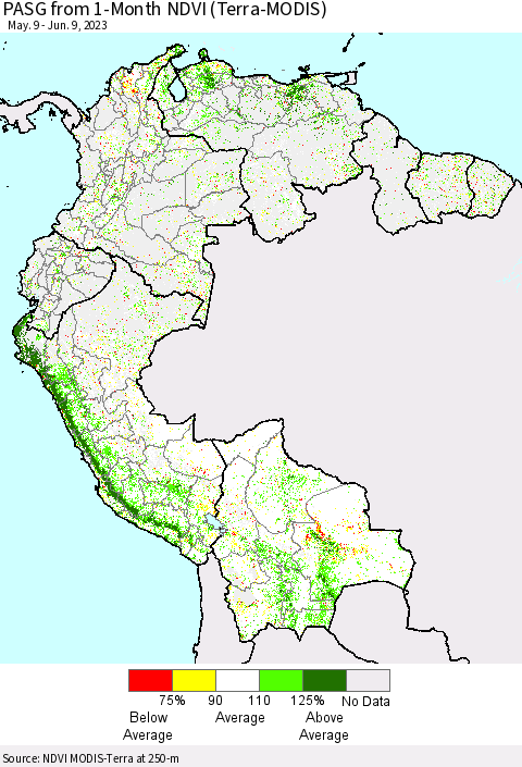 Northern South America PASG from 1-Month NDVI (Terra-MODIS) Thematic Map For 6/2/2023 - 6/9/2023