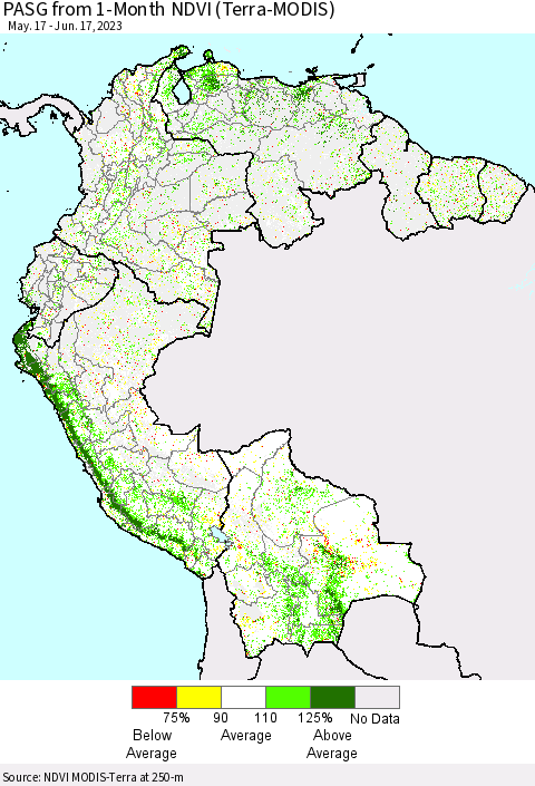 Northern South America PASG from 1-Month NDVI (Terra-MODIS) Thematic Map For 6/10/2023 - 6/17/2023