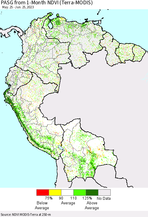 Northern South America PASG from 1-Month NDVI (Terra-MODIS) Thematic Map For 6/18/2023 - 6/25/2023