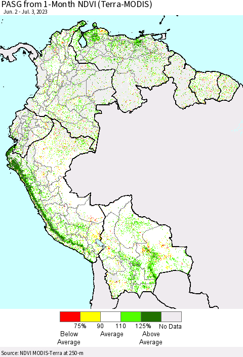 Northern South America PASG from 1-Month NDVI (Terra-MODIS) Thematic Map For 6/26/2023 - 7/3/2023