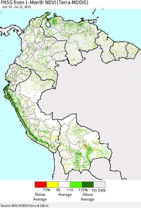 Northern South America PASG from 1-Month NDVI (Terra-MODIS) Thematic Map For 7/4/2023 - 7/11/2023