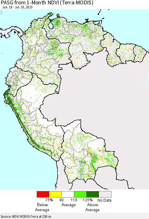 Northern South America PASG from 1-Month NDVI (Terra-MODIS) Thematic Map For 7/12/2023 - 7/19/2023