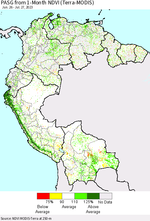 Northern South America PASG from 1-Month NDVI (Terra-MODIS) Thematic Map For 7/20/2023 - 7/27/2023