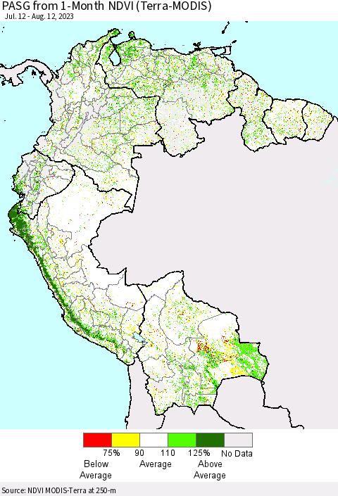 Northern South America PASG from 1-Month NDVI (Terra-MODIS) Thematic Map For 8/5/2023 - 8/12/2023