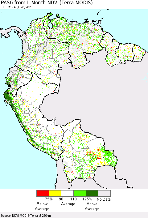 Northern South America PASG from 1-Month NDVI (Terra-MODIS) Thematic Map For 8/13/2023 - 8/20/2023