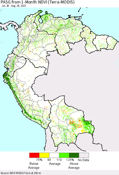 Northern South America PASG from 1-Month NDVI (Terra-MODIS) Thematic Map For 8/21/2023 - 8/28/2023
