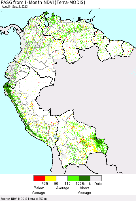 Northern South America PASG from 1-Month NDVI (Terra-MODIS) Thematic Map For 8/29/2023 - 9/5/2023