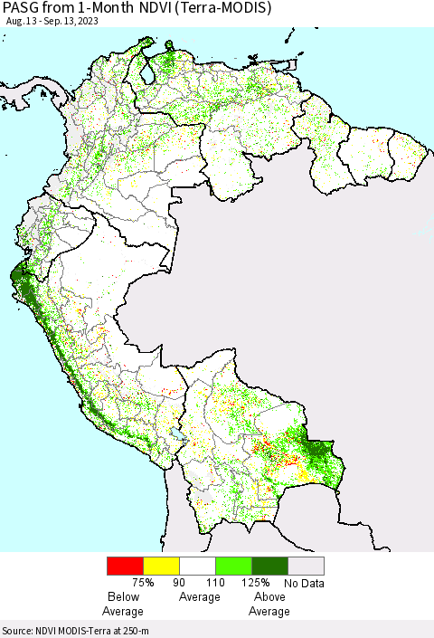Northern South America PASG from 1-Month NDVI (Terra-MODIS) Thematic Map For 9/6/2023 - 9/13/2023