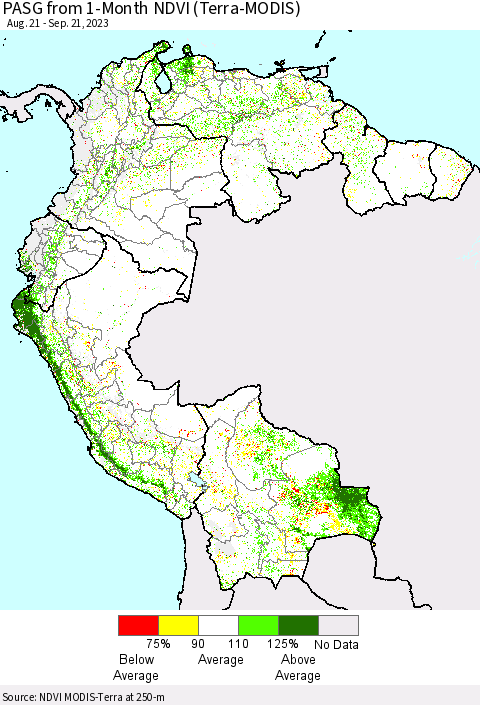 Northern South America PASG from 1-Month NDVI (Terra-MODIS) Thematic Map For 9/14/2023 - 9/21/2023