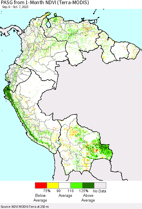 Northern South America PASG from 1-Month NDVI (Terra-MODIS) Thematic Map For 9/30/2023 - 10/7/2023