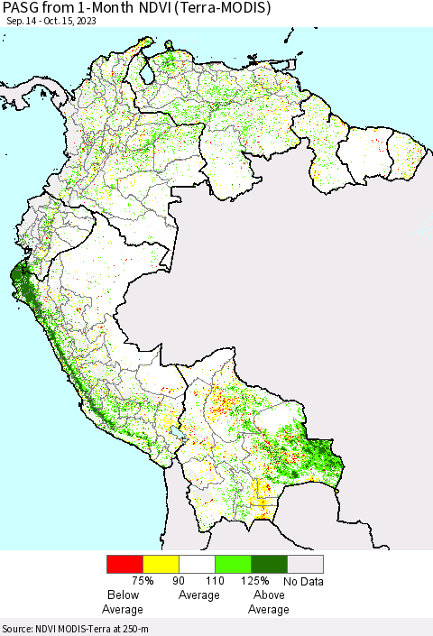 Northern South America PASG from 1-Month NDVI (Terra-MODIS) Thematic Map For 10/8/2023 - 10/15/2023