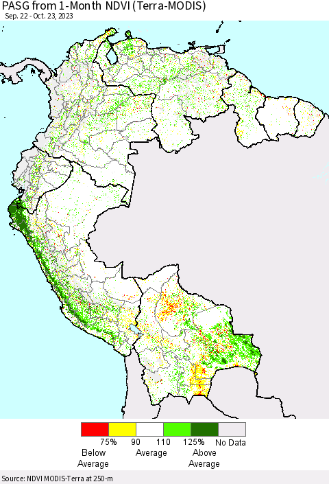 Northern South America PASG from 1-Month NDVI (Terra-MODIS) Thematic Map For 10/16/2023 - 10/23/2023