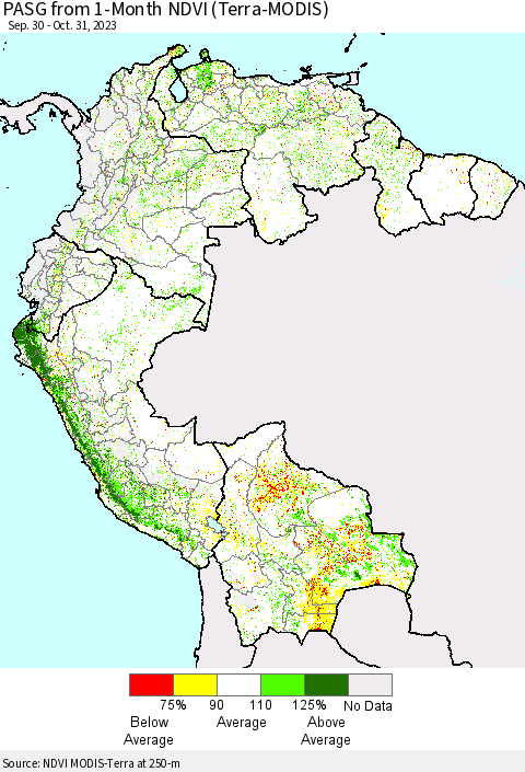 Northern South America PASG from 1-Month NDVI (Terra-MODIS) Thematic Map For 10/24/2023 - 10/31/2023