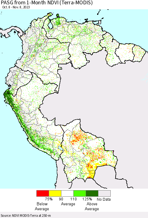 Northern South America PASG from 1-Month NDVI (Terra-MODIS) Thematic Map For 11/1/2023 - 11/8/2023