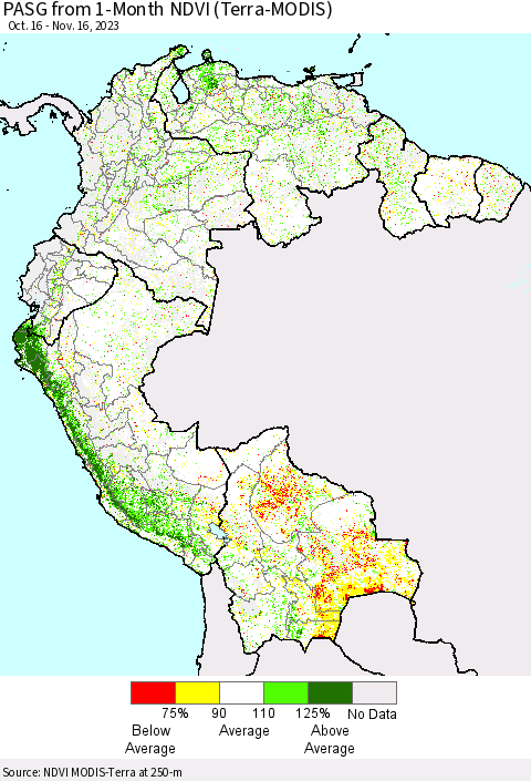 Northern South America PASG from 1-Month NDVI (Terra-MODIS) Thematic Map For 11/9/2023 - 11/16/2023
