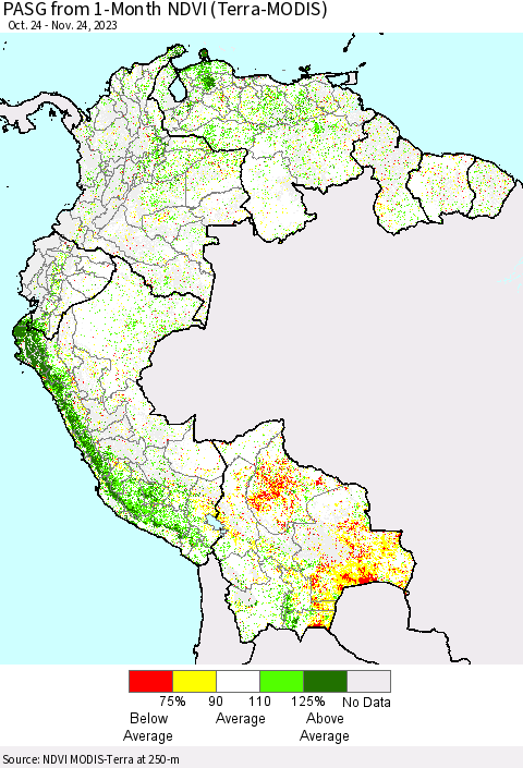 Northern South America PASG from 1-Month NDVI (Terra-MODIS) Thematic Map For 11/17/2023 - 11/24/2023
