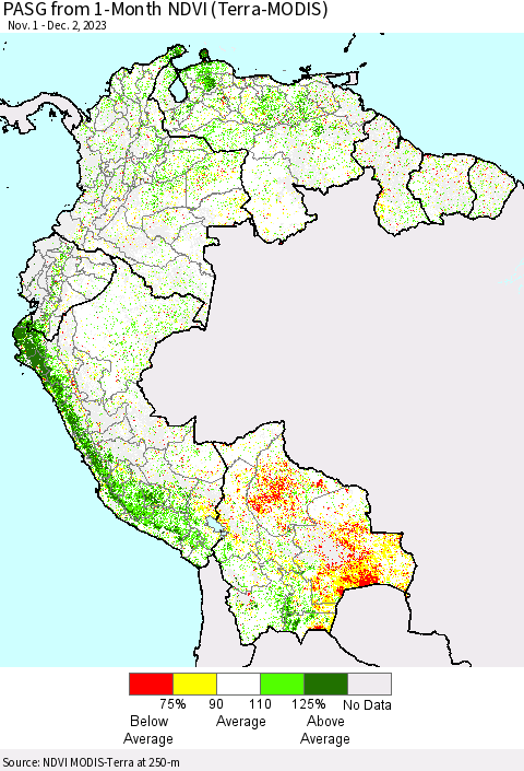 Northern South America PASG from 1-Month NDVI (Terra-MODIS) Thematic Map For 11/25/2023 - 12/2/2023