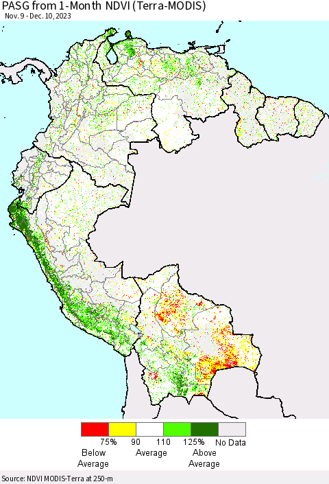 Northern South America PASG from 1-Month NDVI (Terra-MODIS) Thematic Map For 12/3/2023 - 12/10/2023