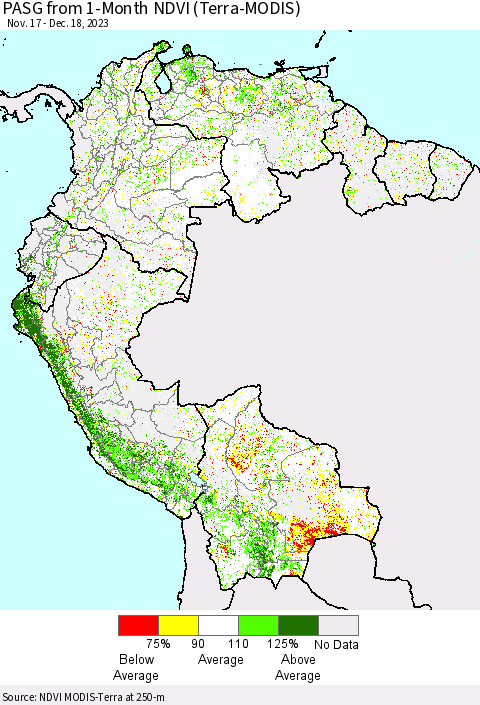 Northern South America PASG from 1-Month NDVI (Terra-MODIS) Thematic Map For 12/11/2023 - 12/18/2023
