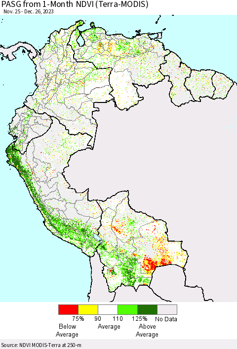 Northern South America PASG from 1-Month NDVI (Terra-MODIS) Thematic Map For 12/19/2023 - 12/26/2023