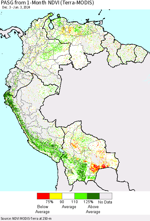 Northern South America PASG from 1-Month NDVI (Terra-MODIS) Thematic Map For 12/27/2023 - 1/3/2024