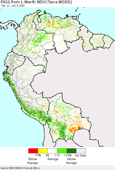 Northern South America PASG from 1-Month NDVI (Terra-MODIS) Thematic Map For 1/1/2024 - 1/8/2024