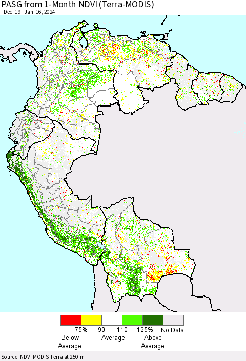 Northern South America PASG from 1-Month NDVI (Terra-MODIS) Thematic Map For 1/9/2024 - 1/16/2024