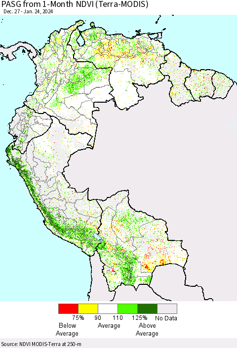 Northern South America PASG from 1-Month NDVI (Terra-MODIS) Thematic Map For 1/17/2024 - 1/24/2024