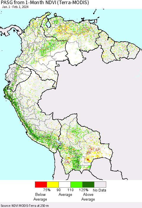 Northern South America PASG from 1-Month NDVI (Terra-MODIS) Thematic Map For 1/25/2024 - 2/1/2024