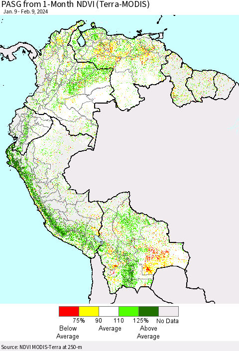 Northern South America PASG from 1-Month NDVI (Terra-MODIS) Thematic Map For 2/2/2024 - 2/9/2024