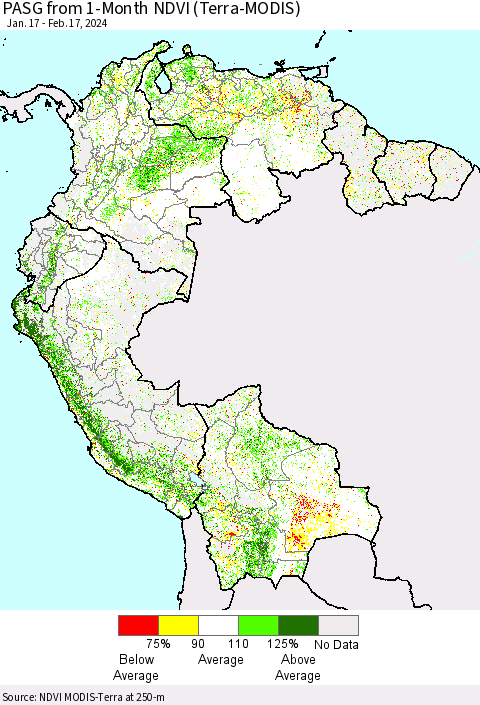 Northern South America PASG from 1-Month NDVI (Terra-MODIS) Thematic Map For 2/10/2024 - 2/17/2024