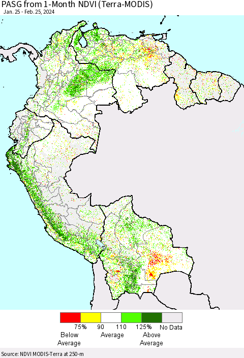 Northern South America PASG from 1-Month NDVI (Terra-MODIS) Thematic Map For 2/18/2024 - 2/25/2024