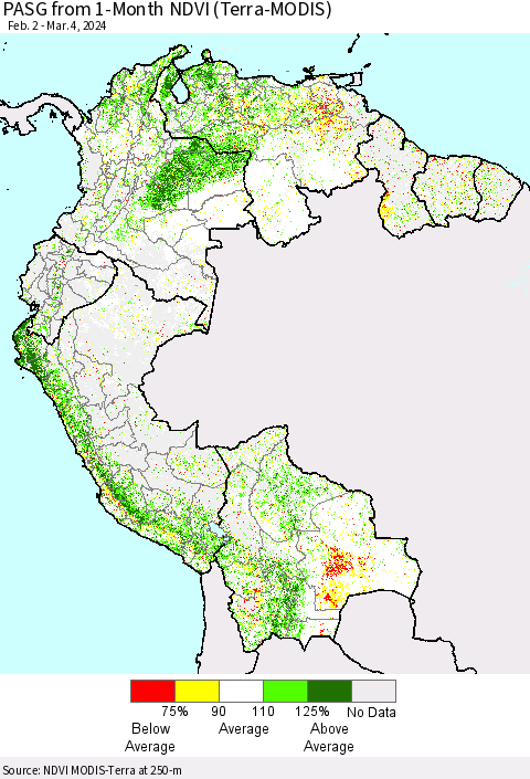 Northern South America PASG from 1-Month NDVI (Terra-MODIS) Thematic Map For 2/26/2024 - 3/4/2024