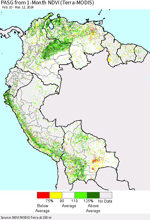 Northern South America PASG from 1-Month NDVI (Terra-MODIS) Thematic Map For 3/5/2024 - 3/12/2024