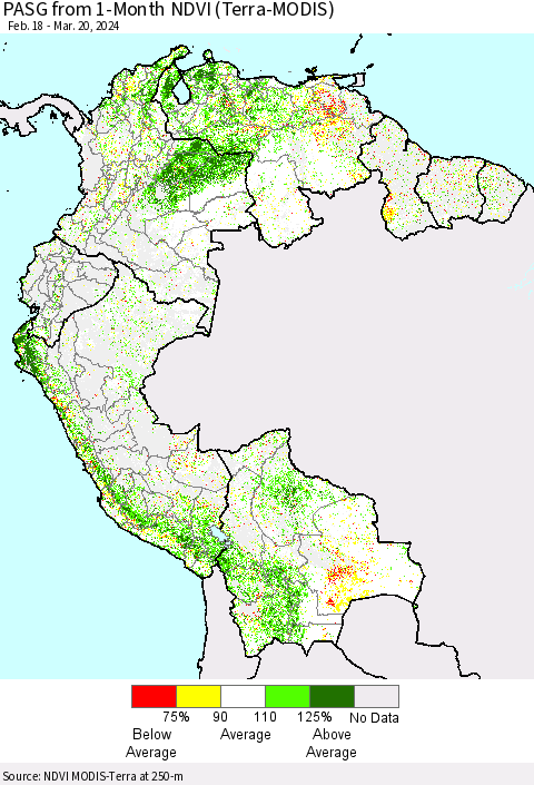 Northern South America PASG from 1-Month NDVI (Terra-MODIS) Thematic Map For 3/13/2024 - 3/20/2024