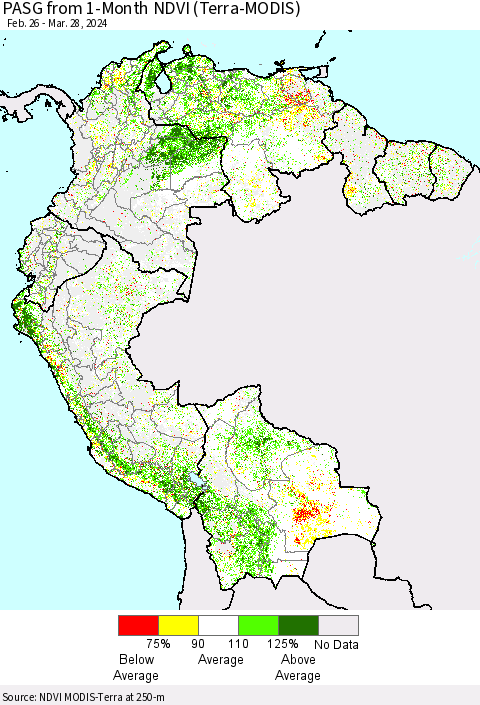 Northern South America PASG from 1-Month NDVI (Terra-MODIS) Thematic Map For 3/21/2024 - 3/28/2024