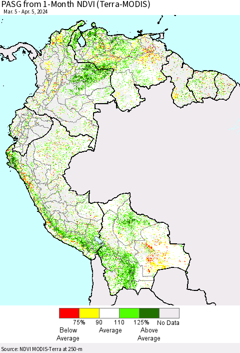 Northern South America PASG from 1-Month NDVI (Terra-MODIS) Thematic Map For 3/29/2024 - 4/5/2024