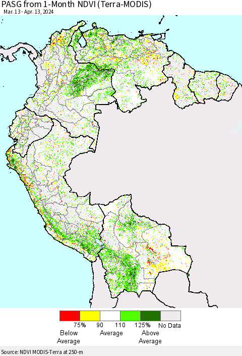 Northern South America PASG from 1-Month NDVI (Terra-MODIS) Thematic Map For 4/6/2024 - 4/13/2024