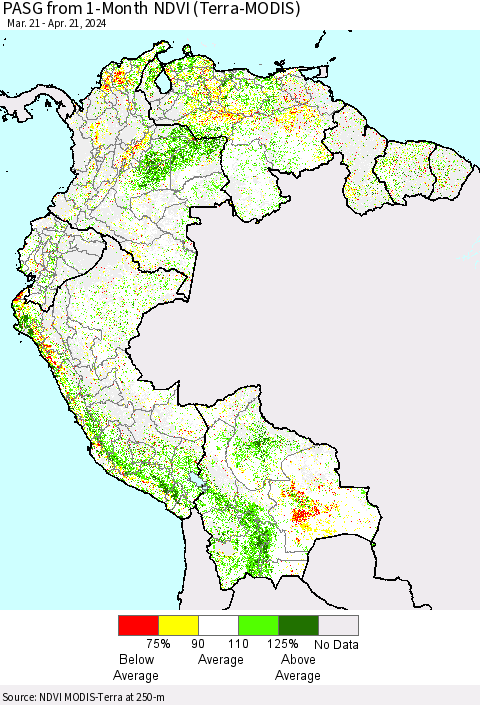 Northern South America PASG from 1-Month NDVI (Terra-MODIS) Thematic Map For 4/14/2024 - 4/21/2024