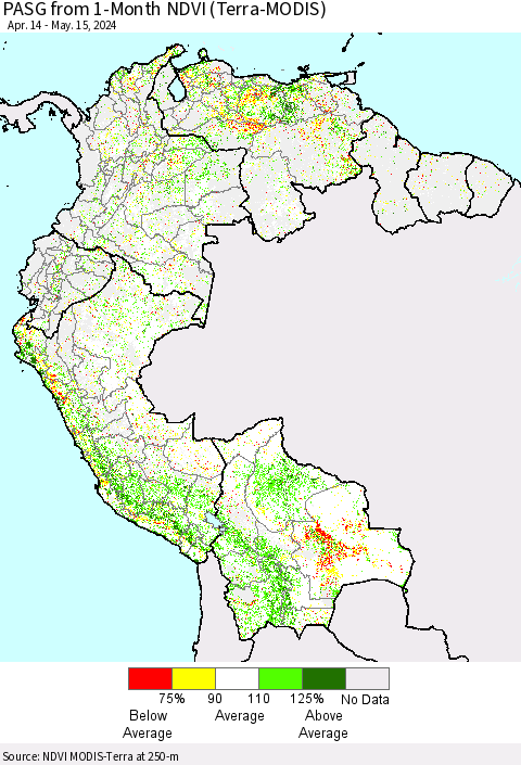 Northern South America PASG from 1-Month NDVI (Terra-MODIS) Thematic Map For 5/8/2024 - 5/15/2024
