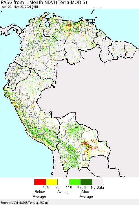 Northern South America PASG from 1-Month NDVI (Terra-MODIS) Thematic Map For 5/16/2024 - 5/23/2024