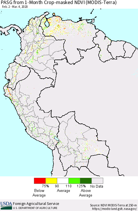 Northern South America PASG from 1-Month Cropland NDVI (Terra-MODIS) Thematic Map For 3/1/2020 - 3/10/2020