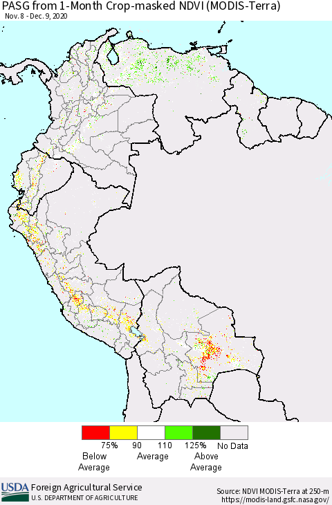 Northern South America PASG from 1-Month Cropland NDVI (Terra-MODIS) Thematic Map For 12/1/2020 - 12/10/2020