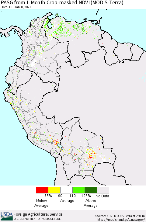 Northern South America PASG from 1-Month Cropland NDVI (Terra-MODIS) Thematic Map For 1/1/2021 - 1/10/2021
